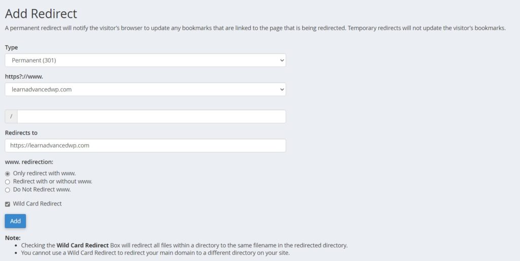 redirect setttings - www to non-www